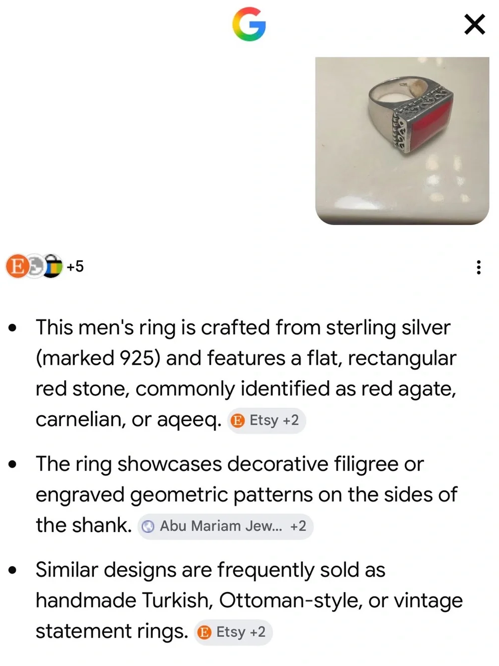 Vintage Turkish 925 Sterling Silver Red Agate Men's Ring